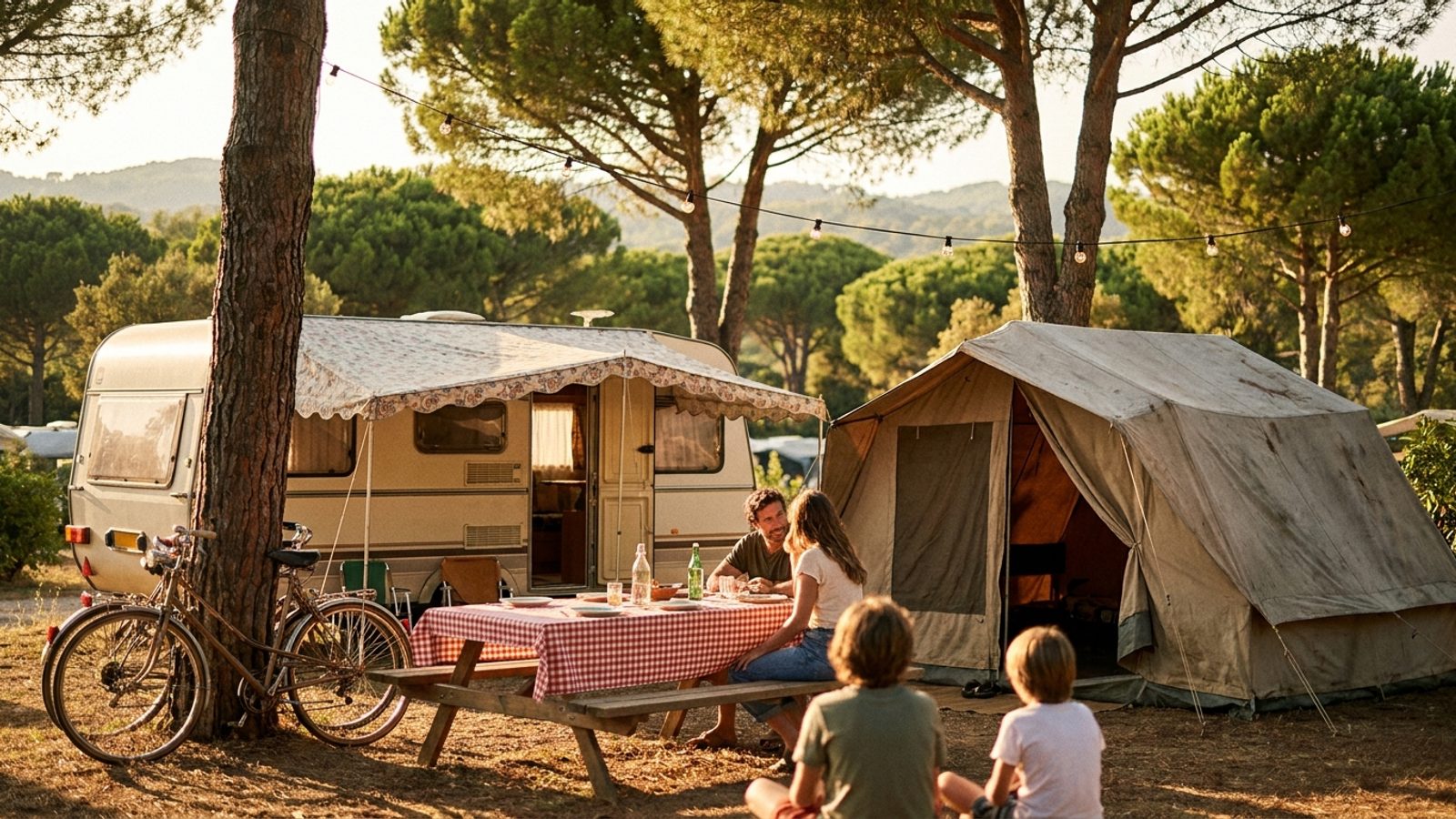 Caravan en tent op een camping onder de parasoldennen in het zuiden van Europa